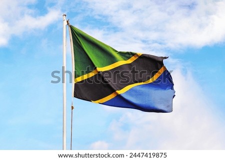 Tanzania flag on sky background. Close up waving flag of Tanzania. Concept of Tanzanian.
