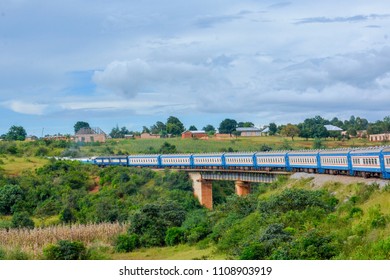 Tanzania Zambia Railways(TAZARA) Train going through tunnels and hills of Tanzania Mbeya Region. A high capacity train used by tourists and local commuters to travel in between Kapiri Mposhi and Dar.