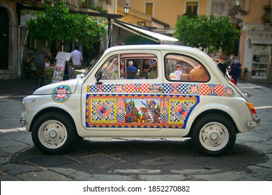 Taormina, Messina / Italy - October 04 2020: Decorated Vintage Fiat 500, Taormina, Sicily, Italy
