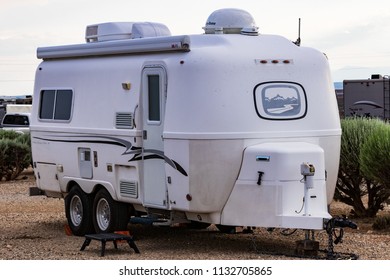 TAOS, NM, USA-7 JULY 18: A  Small, US-built, Fiberglass Oliver Travel Trailer Sets In An RV Park.