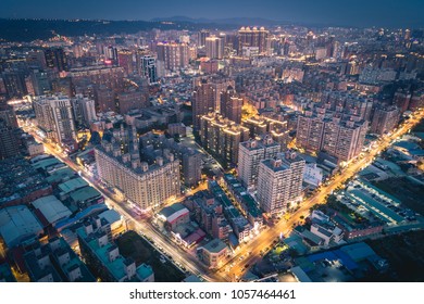 Taoyuan City Skyline Aerial View In Evening - Asia Modern Business City, Panoramic Cityscape Birds Eye View Use The Drone, Shot In Taoyuan, Taiwan.