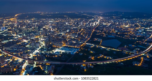 Taoyuan City Skyline Aerial View - Asia Modern Business City, Panoramic Cityscape (night View) Birds Eye View Use The Drone In Evening, Shot In Taoyuan, Taiwan.