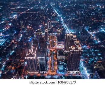 Taoyuan City Skyline Aerial View - Asia Modern Business City, Cityscape (night View) Birds Eye View Use The Drone At Night, Shot In Taoyuan Arts Plaza, Taoyuan, Taiwan.