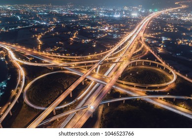 Taoyuan International Airport System Interchange Aerial View At Night - Traffic Concept Image, Panoramic Birds Eye View Use The Drone, Shot In Taoyuan, Taiwan.