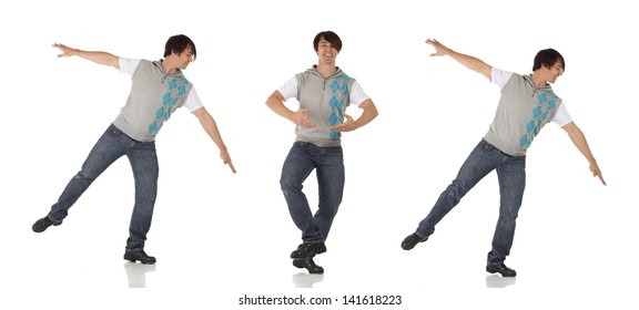 Tap Dancer In Blue Jeans And Tap Shoes Doing A Combination Of Steps On A White Background And Floor