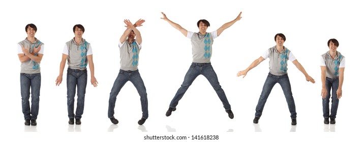 Tap Dancer In Blue Jeans And Tap Shoes Doing Steps On A White Background And Floor