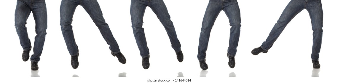 Tap Dancer In Blue Jeans And Tap Shoes Doing Steps On A White Background And Floor