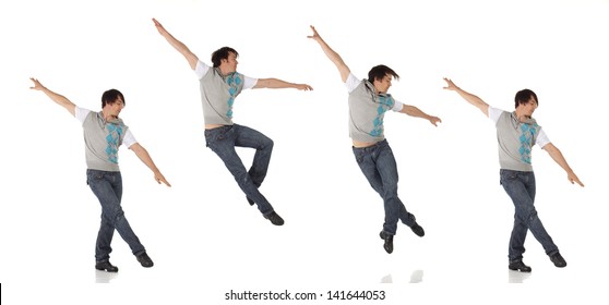 Tap Dancer In Blue Jeans And Tap Shoes Doing A Combination Of Steps On A White Background And Floor