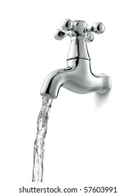 Tap With Flowing Water Against White Background