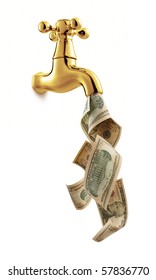 Tap With Money Flowing Against White Background