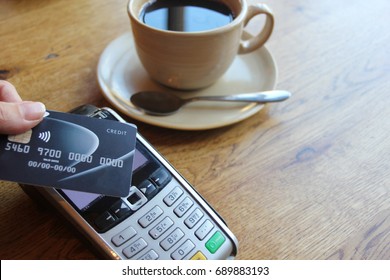 Tap Pay Chip Card Coronavirus Covid 19 Ban Concept -contactless Payment Card Pdq Background Copy Space With Hand Holding Credit Card Ready To Pay At Cafe Coffee Shop Smartcard Stock Photo Photograph