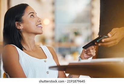 Tap To Pay, Customer Phone And Mobile Nfc Payment For Digital Transaction, Money Transfer And Cashless Sale In A Cafe Store. Woman Paying For Ecommerce, Service And Fintech In Hospitality Restaurant