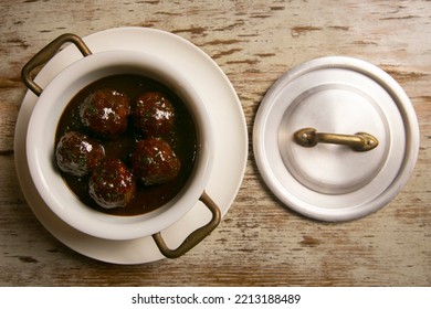 Tapa Of Beef Meatballs With Red Wine Sauce.