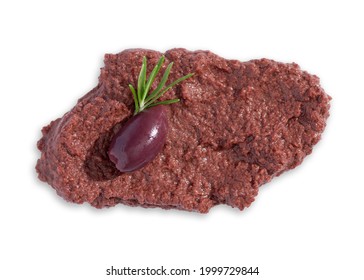 Tapenade - Paste Made From Olives.  Spreadable Black Kalamata Olive Pate Isolated On White Background. Top View, Close-up.