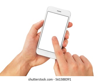 Taping Finger On Smartphone Template, Blank Screen. Mockup Isolated On White Background