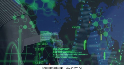 Tapping business professional analyzing tablet in data lab, with digital overlay elements. Technology, finance, analytics, futuristic, data visualization, cybersecurity, corporate