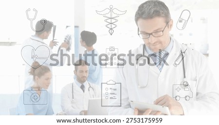 Tapping doctor in white coat using tablet at hospital, with stethoscope, X-ray icons, copy space. Clinicians, teamwork, clinic, laptop, imaging, diagnostics, collaboration