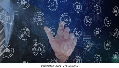 Tapping executive's right hand selecting hologram icons over world map, wearing suit and tie. Interface, dashboard, data, digital, visualization, cloud, security - Powered by Shutterstock - Get 15% off with code: PIKWIZARD15