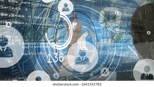 Tapping human hand engaging circular UI control in workspace, with avatar icons and data overlays. Futuristic, technology, interface, data, digital, innovation, connectivity