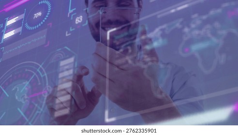 Tapping male tech pro using smartphone with translucent AR display in office, wearing light shirt. Holographic, neon, futuristic, interface, analytics, data, gesture - Powered by Shutterstock - Get 15% off with code: PIKWIZARD15
