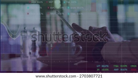 Tapping man's hands with watch checking smartphone at cafe table ceramic cup shakers charts overlay. Device, finance, trading, graphs, coffeehouse, ambient, minimalist