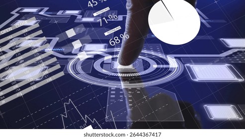 Tapping mid adult male hand selecting square button on dial at holographic display, with charts. Futuristic, immersive, digital, data visualization, interface, technology, innovation