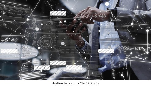 Tapping smartphone screen, man in business attire using holographic data at office desk, copy space. Technology, innovation, digital, professional, futuristic, data visualization, corporate