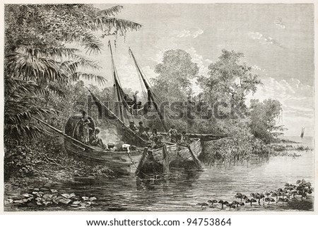Tapuyas natives waiting high tide in Amazon river. Created by Riou, published on Le Tour du Monde, Paris, 1867