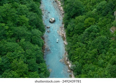 Tara river, National Park Durmitor, Montenegro. Aerial view of rafting boat on the river - Powered by Shutterstock