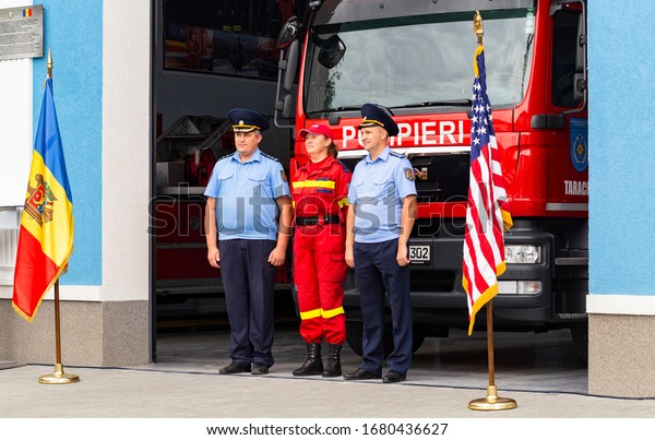 Taraclia,\
Moldova, 09.14.2019. Station of the MES. Photo near the fire truck.\
Opening of a new rescue and fire Department in Taraclia, built with\
financial assistance from the US\
Government.