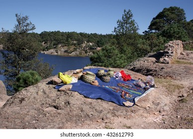 Tarahumara Raramuri Made Souvenirs In Display By Lake Arareco In The Copper Canyons, Chihuahua, Mexico