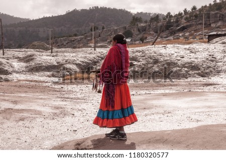 A Tarahumara woman walking near to Creel in Chihuahua, Mexico