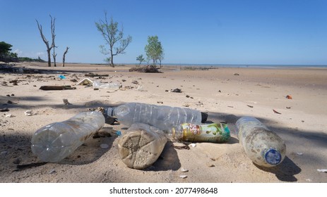 Tarakan, North Kalimanta - August 28 2020 : Plastic Bottle Polution In Beach.