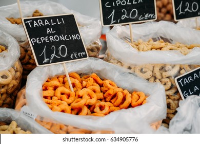Taralli - traditional Italian snack food typical of Apulia regional cuisine on the market in Puglia in Italy