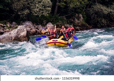 Tara,Montenegro - June 14 2018 - Group Of People In A Rafting Boat,beautiful Adrenaline Ride Down The River