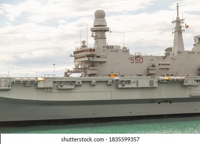 Taranto, Bari Puglia/ Italia - 2 September 2014: detail of a military ship with decks with guns and radars and radio antennas