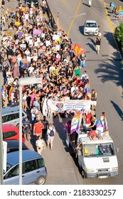 Taranto, Italy - July 23, 2022: Seen From The Top Of The Head Of The Gay Pride Parade, Men And Women Demonstrate For Sexual Freedom Against Prejudice.