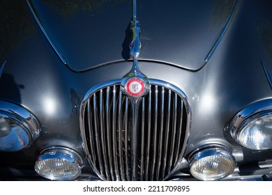 Taranto, Italy - October 2, 2022: Vintage Car Exchange Exhibition With Free Admission, Shot From Above And Close Up On The Hood Of The Classic Jaguar 3.8.