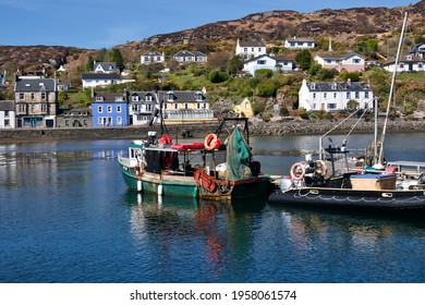 Tarbert, Scotland: April 17 2021: Small Fishing Boats Docked At A Bay Pier In Tarbert, Fishing Trade Impacted By Brexit