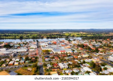 Taree Local Rural Town On Manning River In Australian NSW - Aerial View Towards Martin Bridge Over Downtown Streets.