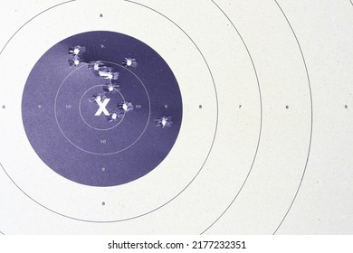 Target Gun With Bullet Holes. Classic Paper Shooting Target. Holes In Target. For Sport, Hunters, Military, Police. Sport Shooting Circle Target Accuracy Bullet Hole.