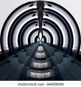 Target-like concentric structure. Reworked close-up photo of modern architecture fragment resembling domed roof or ceiling.
