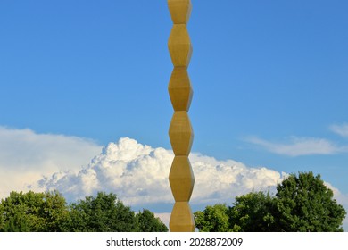 Targu Jiu, RO - August 11,2021: Column of Infinity (Coloana Infinitului) from the Sculptural Ensemble of Constantin Brancusi. Homage to Romanian soldiers of WW1. Artistic summer view of column section