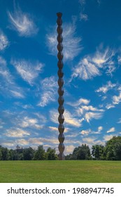 TARGU JIU,ROMANIA-JULY 23,2020:The Endless Column (Column of Infinite) made by Constantin Brancusi in Targu Jiu, Romania. Symbolizes the infinite sacrifice of Romanian soldiers of the First World War.