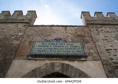 Tarifa, Spain, 23/04/2016: the Jerez Gate, the only entrance through the old Moorish city walls remaining of the 4 original ones, which gave access to the road northwards to Jerez de la Frontera