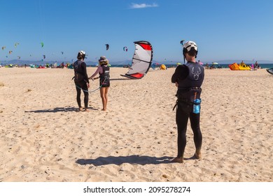 Tarifa, Spain - August 15, 2021: Kite surfing in Tarifa, Spain. Tarifa is most popular places in Spain for kitesurfing
