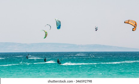 Tarifa, Spain - June 21, 2015: Kite surfing in Tarifa, Spain. Tarifa is most popular places in Spain for kitesurfing.