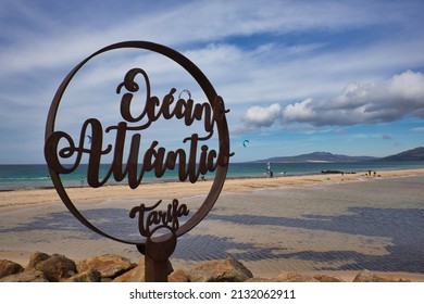 Tarifa, Spain - Oct 25, 2021: beach of Tarifa with the sign Oceano Atlantico