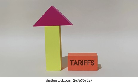 Tariffs are represented by a block next to an upward pointing arrow symbolizing economic impact trade policy and market direction affecting business investment.