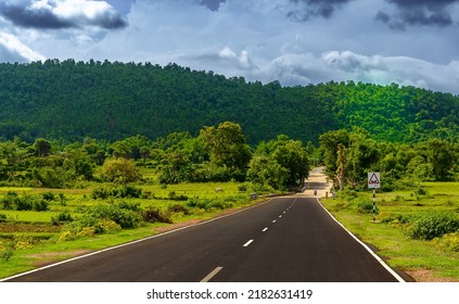 Tarmac Indian Road Overlooking Mountains . Selective Focus Is Used.